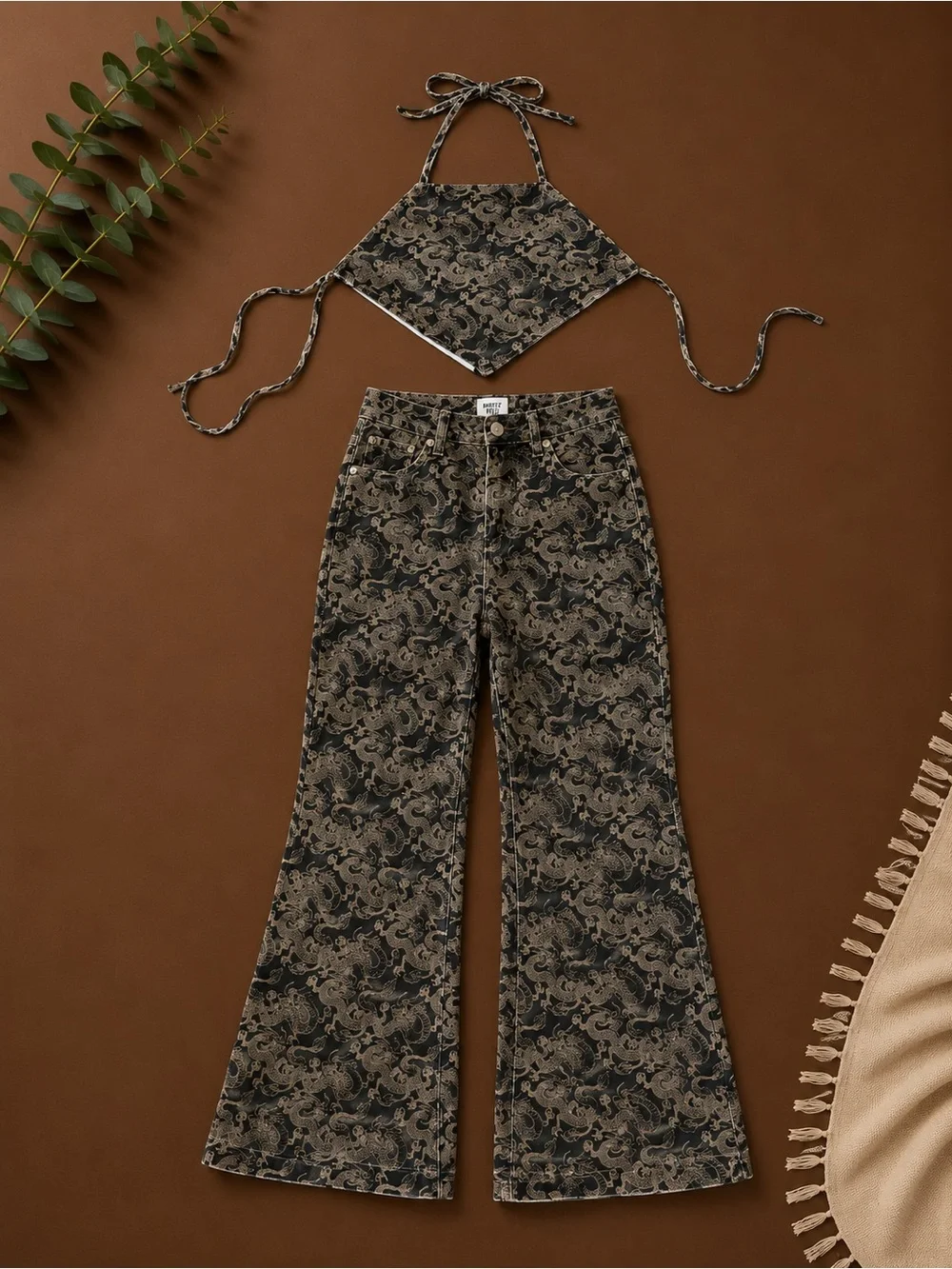 Princess Polly Black & Tan Dragon Paisley Halter Denim Set